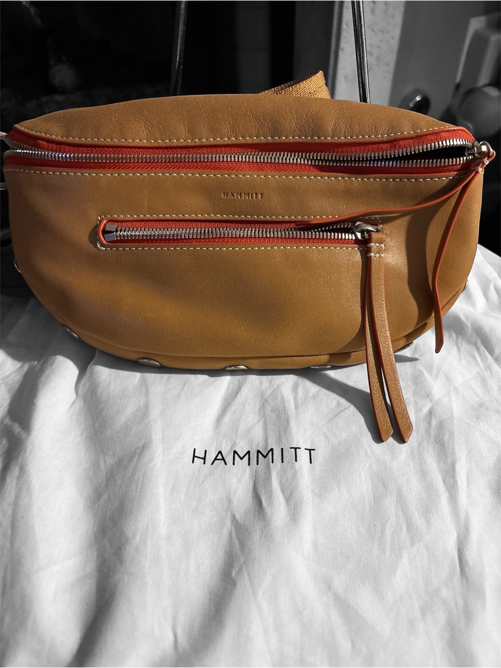 Hammitt Tan Leather Crossbody with Orange Trim and Silver Zippers
